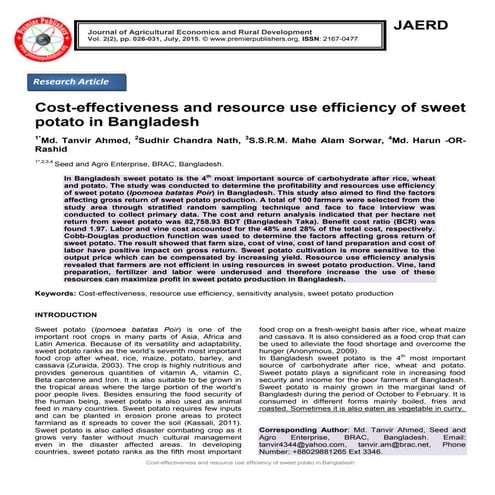Cost-effectiveness and resource use efficiency of sweet potato in Bangladesh