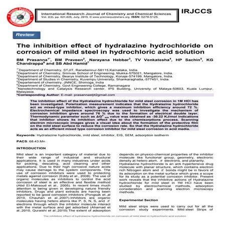 The inhibition effect of hydralazine hydrochloride on corrosion of mild steel...