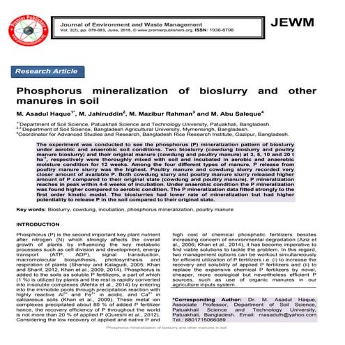 Phosphorus mineralization of bioslurry and other manures in soil 