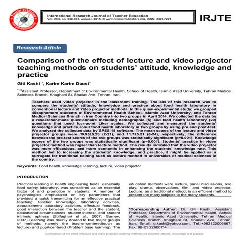 Comparison of the effect of lecture and video projector teaching methods on s...