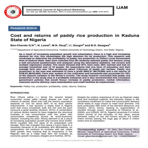 Cost and returns of paddy rice production in Kaduna State of Nigeria