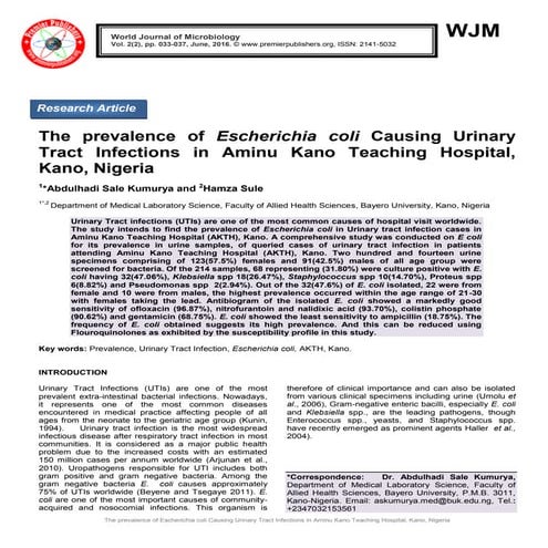 The prevalence of Escherichia coli Causing Urinary Tract Infections in Aminu ...