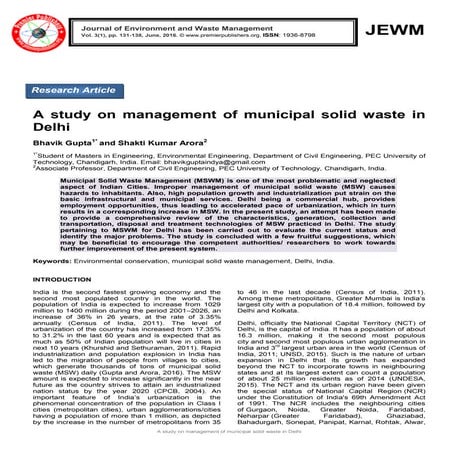 A study on management of municipal solid waste in Delhi | PDF