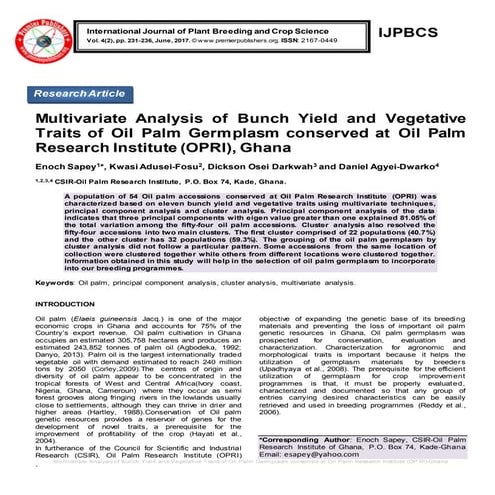 Multivariate Analysis of Bunch Yield and Vegetative Traits of Oil Palm Germpl...