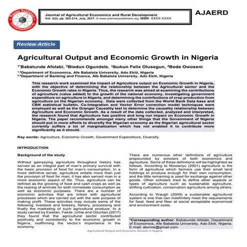 Agricultural Output and Economic Growth in Nigeria | PDF