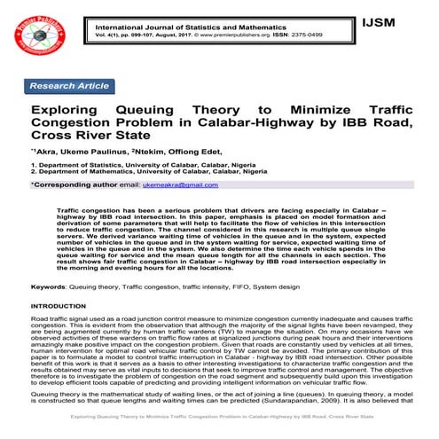 Exploring Queuing Theory to Minimize Traffic Congestion Problem in Calabar-Hi...