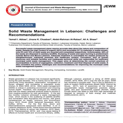 Solid Waste Management in Lebanon: Challenges and Recommendations