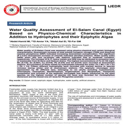 Water Quality Assessment of El-Salam Canal (Egypt) Based on Physico-Chemical ...