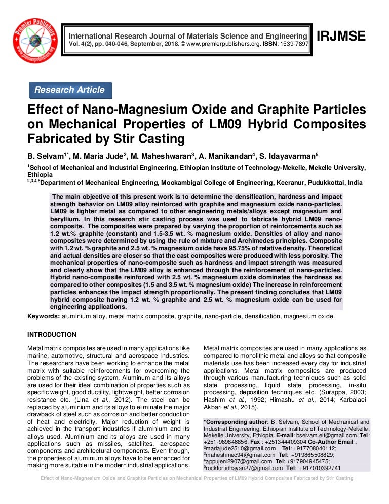 Effect Of Nano Magnesium Oxide And Graphite Particles On Mechanical Properties Of Lm09 Hybrid Composites Fabricated By Stir Casting Effect Of Nano Magnesium Oxide And Graphite Particles On Mechanical Properties Of Lm09 Hybrid Composites Fabricated By Stir Casting
