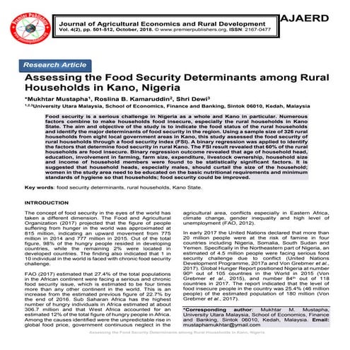 Assessing the Food Security Determinants among Rural Households in Kano, Nigeria