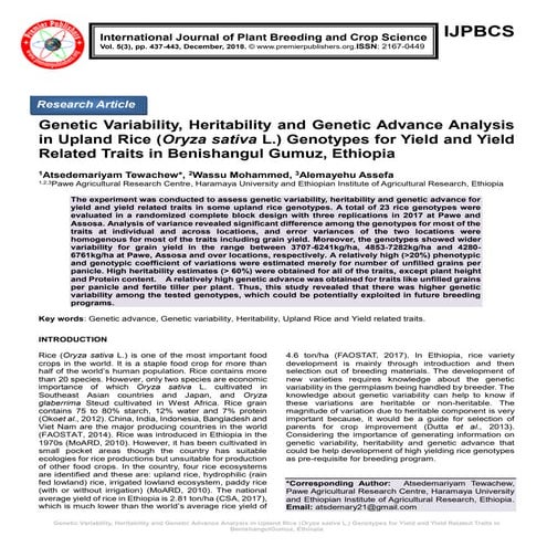 Genetic Variability, Heritability and Genetic Advance Analysis in Upland Rice...