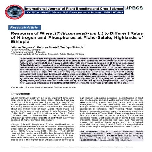 Response of Wheat (Triticum aestivum L.) to Different Rates of Nitrogen and P...