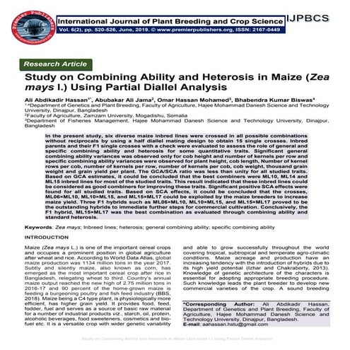 Study on Combining Ability and Heterosis in Maize (Zea mays l.) Using Partial...