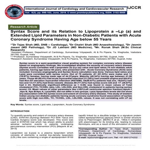 Syntax Score and its Relation to Lipoprotein a –Lp (a) and Extended Lipid Par...