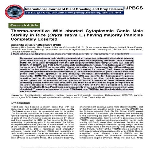 Thermo-sensitive Wild aborted Cytoplasmic Genic Male Sterility in Rice (Oryza...