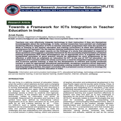 Towards a Framework for ICTs Integration in Teacher Education in India