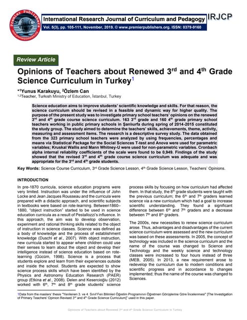 Opinions of Teachers about Renewed 3rd and 4th Grade Science Curriculum in Tu...
