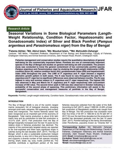 Seasonal Variations in Some Biological Parameters (Length-Weight Relationship...