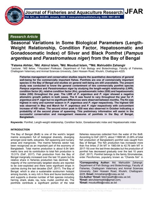 Seasonal Variations in Some Biological Parameters (Length-Weight Relationship...