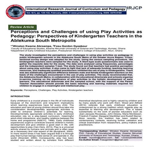 Perceptions and Challenges of using Play Activities as Pedagogy ...