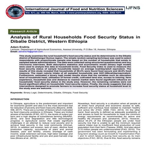 Analysis of Rural Households Food Security Status in Dibatie District, Wester...