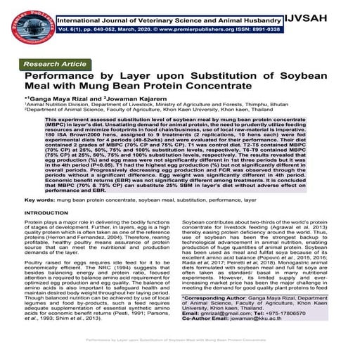 Performance by Layer upon Substitution of Soybean Meal with Mung Bean Protein...