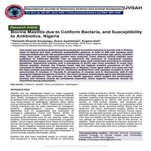 Bovine Mastitis due to Coliform Bacteria, and Susceptibility to Antibiotics, ...