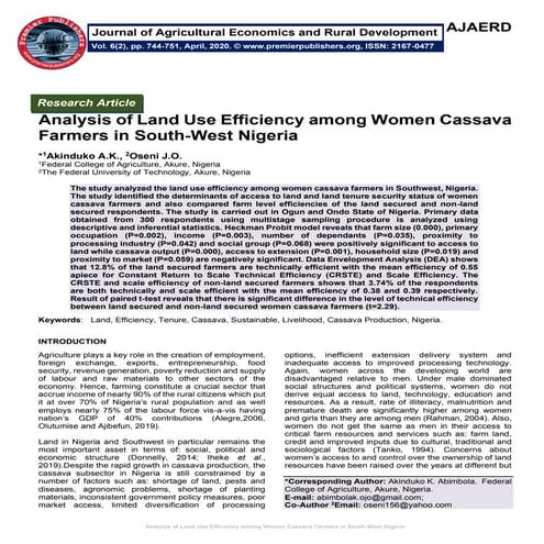 Analysis of Land Use Efficiency among Women Cassava Farmers in South-West Nig...