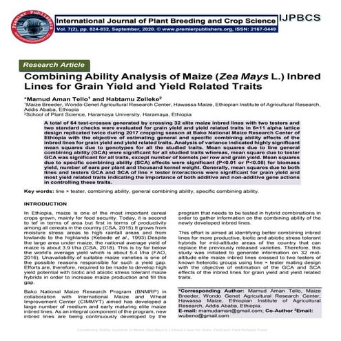 Combining Ability Analysis of Maize (Zea Mays L.) Inbred Lines for Grain Yiel...