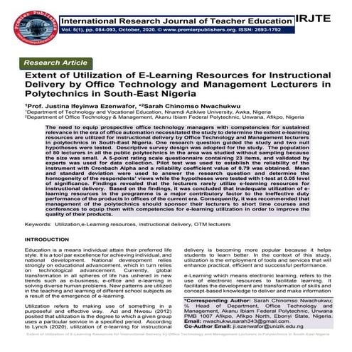 Extent of Utilization of E-Learning Resources for Instructional Delivery by O...