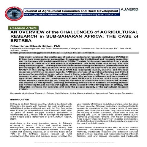 AN OVERVIEW of the CHALLENGES of AGRICULTURAL RESEARCH in SUB-SAHARAN ...