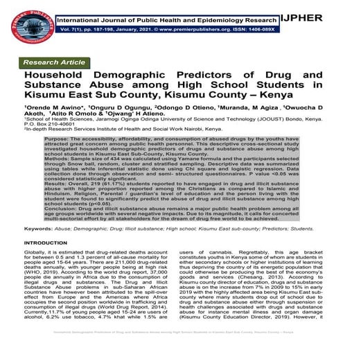 Household Demographic Predictors of Drug and Substance Abuse among High Schoo...