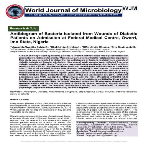 Antibiogram of Bacteria Isolated from Wounds of Diabetic Patients on Admissio...