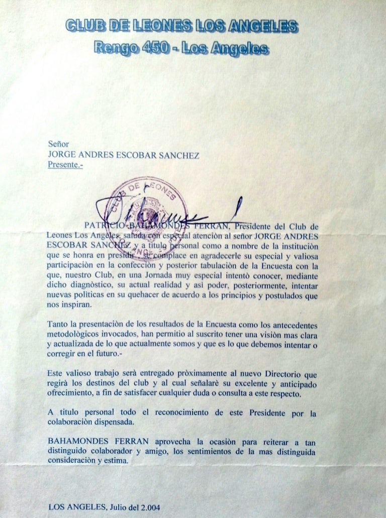 Carta agradecimiento a Jorge Andrés Escobar del Pdte Club de Leones L…