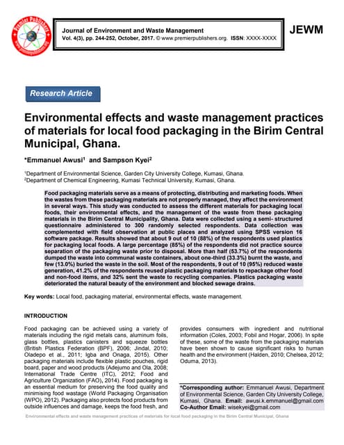 Environmental effects and waste management practices of materials for local food packaging in the Birim Central Municipal, Ghana