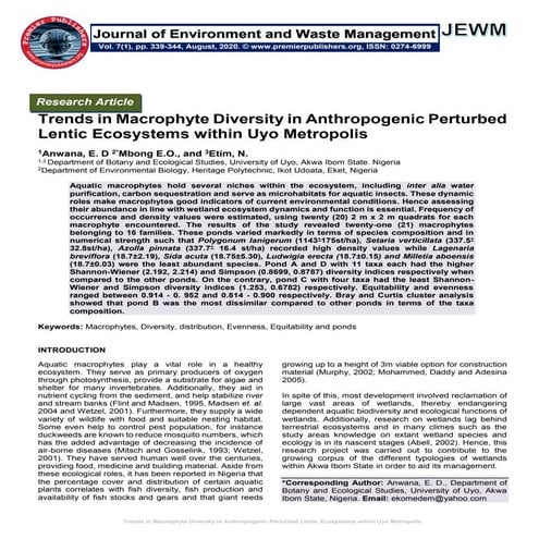 Trends in Macrophyte Diversity in Anthropogenic Perturbed Lentic Ecosystems w...