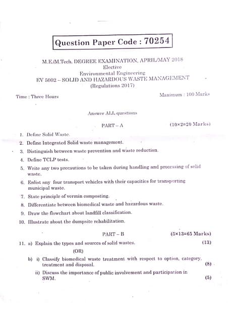 Ev5002 Solid and hazardous waste management-previous year question paper