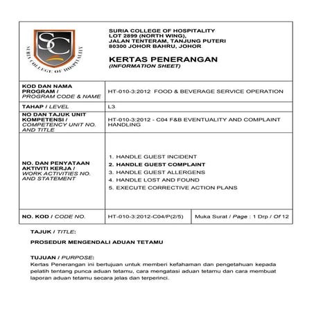 KERTAS PENERANGAN: PROSEDUR MENGENDALI ADUAN TETAMU