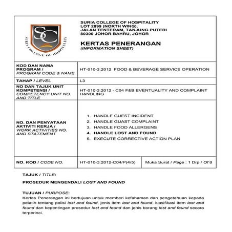 KERTAS PENERANGAN: PROSEDUR MENGENDALI LOST & FOUND DI RESTORAN