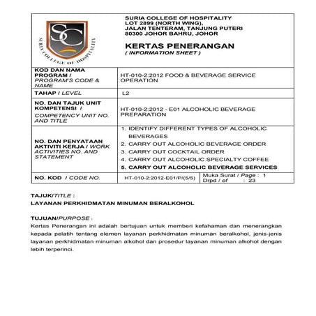 KERTAS PENERANGAN: LAYANAN PERKHIDMATAN MINUMAN BERALKOHOL