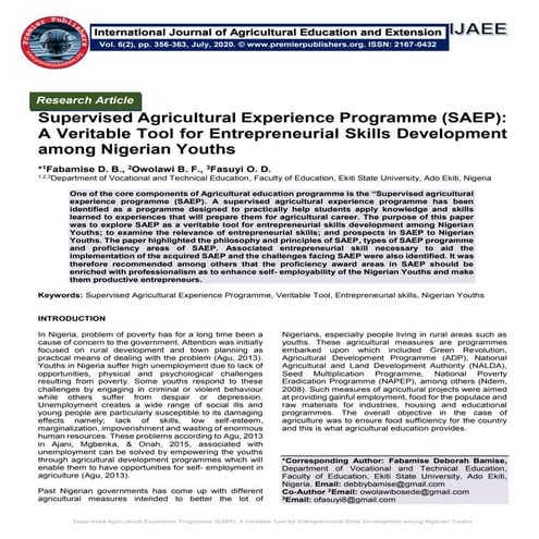 Supervised Agricultural Experience Programme (SAEP): A Veritable Tool for Ent...