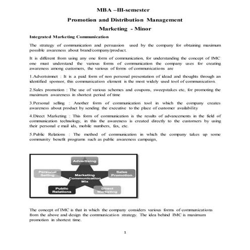 Notes on Promotion and Distribution Management