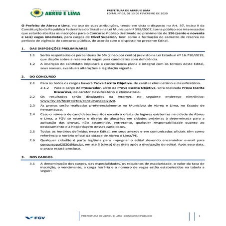 Edital 2 do concurso público da Prefeitura de Abreu e Lima