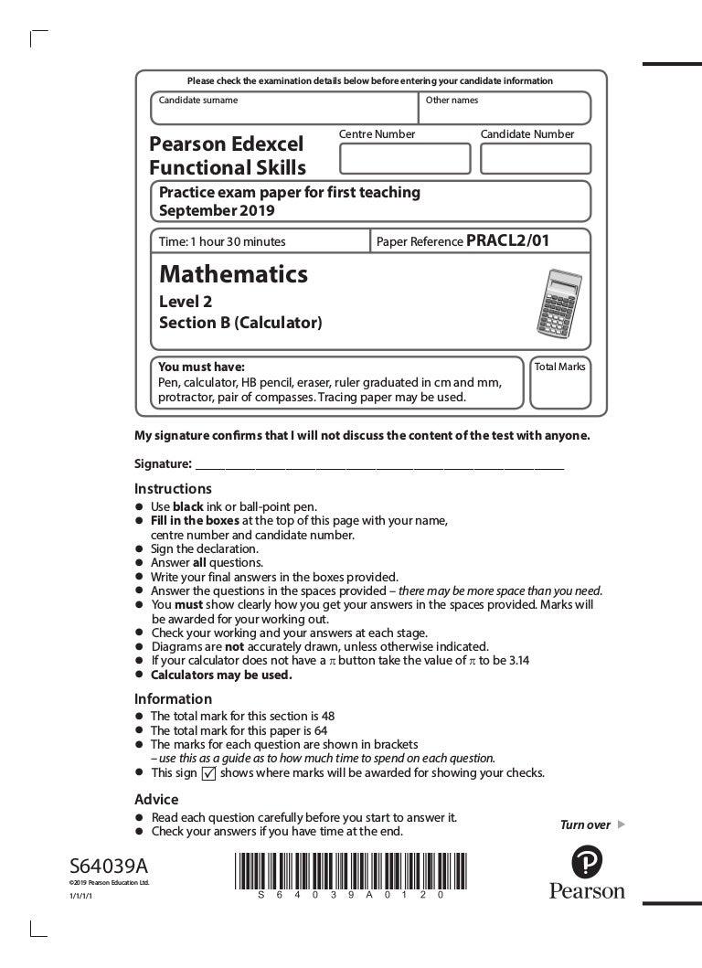 Pearson Edexcel Functional Skills Maths Level 2 Paper Calculator 2019