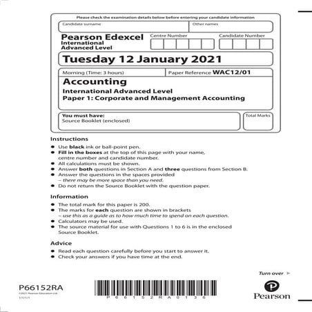 Pearson edexcel ial accounting january 2021 unit 02 corporate and management ...