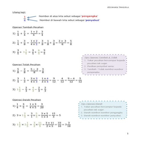 Latihan Pecahan Tahun 6 (Operasi Darab & Bahagi)