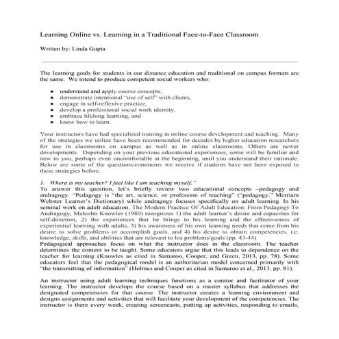 Pedagogy and andragogy in online classrooms