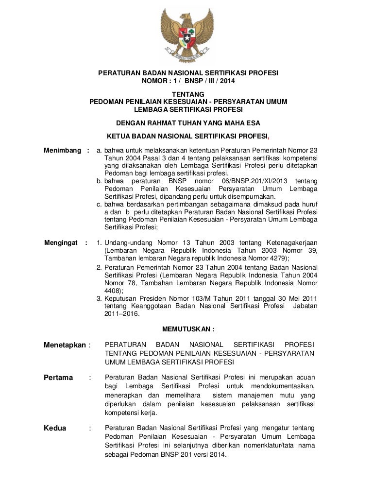 Pedoman 201 Peraturan Bnsp No 1 Bnsp Iii 2014 Persyaratan Umum Lsp