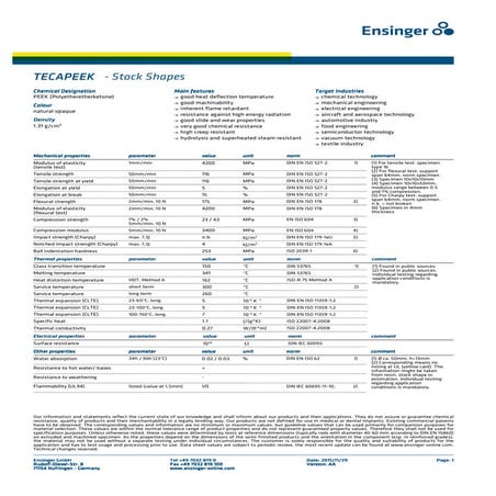Peek virgin   properties datasheet  tecapeek_ensinger