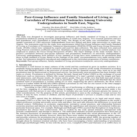 Peer group influence and family standard of living as correlates of prostitut...